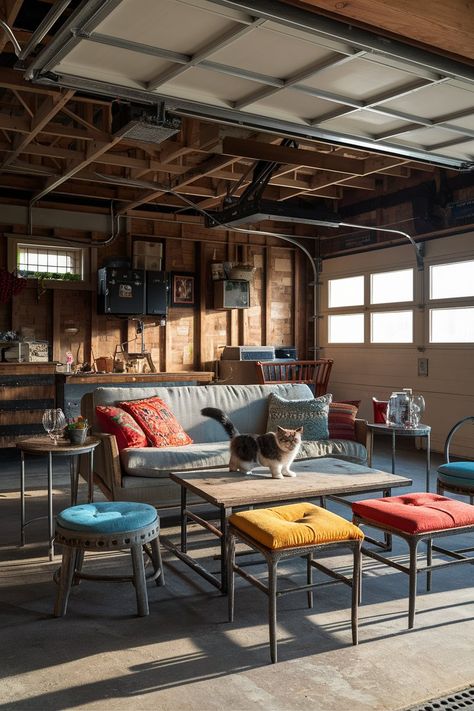 Turn your garage into the ultimate chill spot! Rustic vibes + modern comfort = perfect hangout. 🛠️🍻 Check out our 2024 ideas! #homedesigninsider #rusticgarageideas Finished Detached Garage Interior, Garage Ideas Exterior, Rustic Garage Ideas, Garage Hangout Ideas, Stylish Garage, Garage Lounge, Garage Hangout, Rustic Garage, Chill Spot