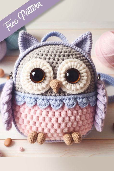 The adorable crochet owl backpack is a delightful creation perfect for any crochet enthusiast. Featuring a grey and pink body with intricate detailing, this backpack captures the essence of cuteness. Crochet Unicorn Backpack, Large Crochet Amigurumi, Cute Crochet Bag Free Pattern, Crochet Backpack For Kids, Crochet Backpack Free Pattern, Crochet Kids Bag, Crochet Backpack Purse, Crochet Mini Backpack, Crochet Outerwear