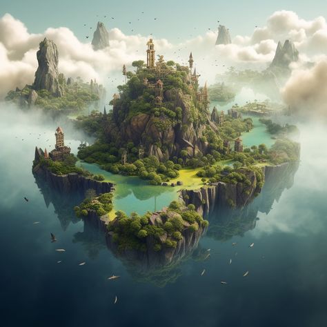 island floating in the sky Floating Fantasy Island, Floating Cities Fantasy Art, Floating Island Landscape, Sky Islands Fantasy Art, Floating City Concept Art, Fantasy Floating City, Fantasy Floating Islands, Floating Island Art, Floating Islands Fantasy Art