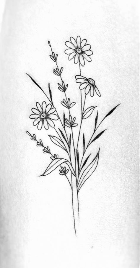 Simple Tattoos For Women Stencil, Floral Tattoos With Meaning, Simple Lily Tattoo Outline, Flower Bouquet Tattoo Stencil, Flowers With Words Tattoo Stems, Flower Bouquet Sketch Simple, Wildflower Tattoo Stencil, Wildflower Bouquet Tattoo Simple, Let It Be Tattoo With Flower