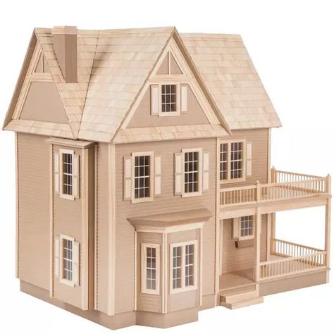 Bungalow Dollhouse | Hobby Lobby | 176560 Victoria's Farmhouse Dollhouse, Exterior Paneling, White Doll House, Farmhouse Dollhouse, Big Doll House, Vermont Farms, Dollhouse Design, Diy Christmas Village, Railings Outdoor