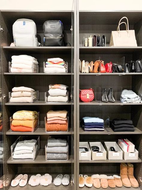 Organize Deep Closet Shelves, Open Shelf Clothing Storage, Storing Clothes On Shelves, Organizing Deep Closets, Clothes On Shelves, Clothing Shelves, Girly Apartment Ideas, Organized Closets, Guys Room Aesthetic