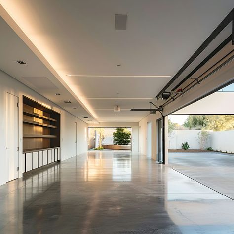 Explore this sleek modern garage doubling as a library in a California home. White walls and polished concrete floors create a bright space, with high ceilings featuring LED lights. An open door invites you to a patio, enhancing the airy ambiance. The garage includes a vast bookshelf and art pieces, blending functionality with style. Perfect for vehicle storage or as a creative workspace. Garage With High Ceiling, Polished Concrete Floor Garage, Polished Concrete Garage Floor, Porch Off Garage, White Garage Interior, Studio In Garage, Garage House Interior, Luxury Home Garage, Big Garage Ideas