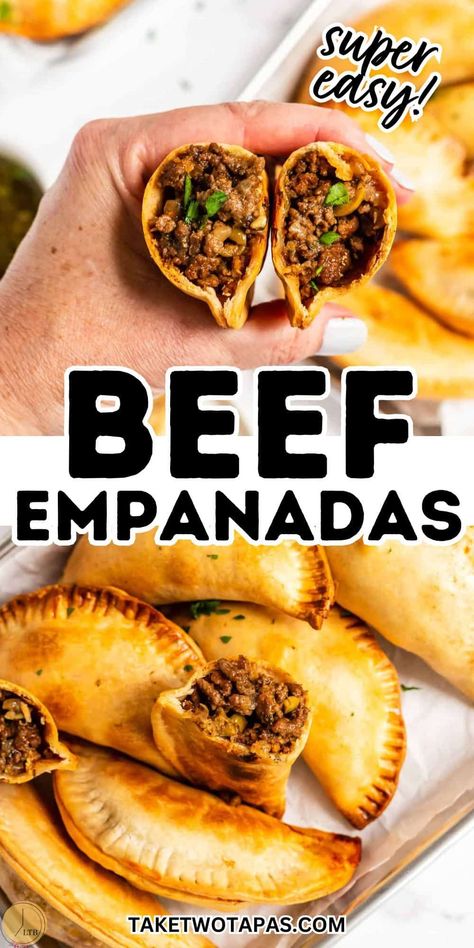 These Beef Empanadas recipe are so easy, anyone can make them! The filling is made with ground beef, onion, spices, and green olives and baked in flaky empanada dough until golden brown. #empanadas #argentina #summergamesweek Easy Beef Empanadas, Ground Beef Empanadas, Beef Stroganof, Easy Empanadas Recipe, Beef Empanadas Recipe, Stew Beef, Empanadas Dough, Beef Empanadas, Recipes Beef