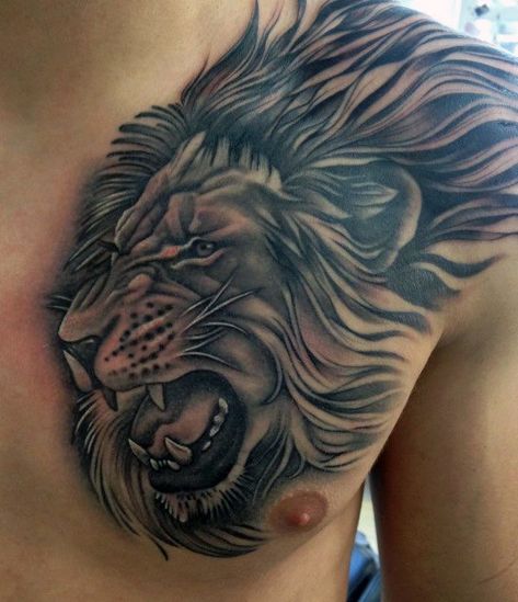 Lion Tattoos For Guys, Tattoos For Guys Chest, Lion Chest Tattoo, Roaring Lion Tattoo, Tattoo Placements, Lion Tattoo Sleeves, Lion Tattoos, Mens Lion Tattoo, Maori Tattoos