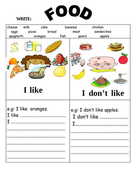 This is a fun worksheet where your ESL students write about foods they like and which foods they don't like. Food Worksheet, Kindergarten Reading Activities, English For Beginners, English Exercises, Teaching English Grammar, Learning English For Kids, English Grammar Worksheets, English Worksheets For Kids, Kids English