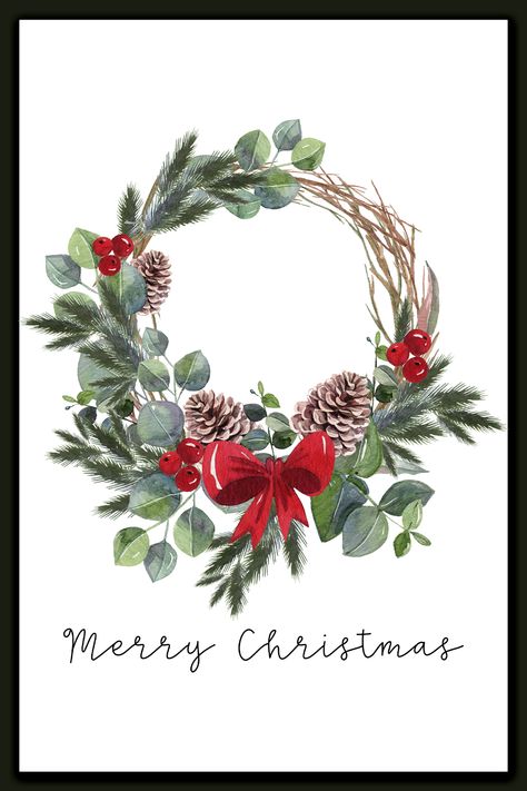 Merry Christmas Printable Set - Free Christmas Cards and Prints Watercolour Christmas Illustration, Christmas Wreaths Illustration, Watercolour Christmas Wreath, Wreath Illustration Christmas, Christmas Wreath Painting, Cute Christmas Pictures, Christmas Pictures Ideas, Watercolour Pictures, Painting Wreath