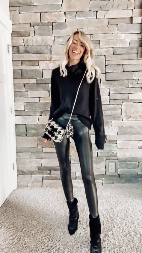 5 Ways to Wear Faux Leather Leggings • hey, it's jenna Black Leggings Professional Outfit, Faux Leather Leggings Concert, Leather Leggings Outfit Date Night, Faux Leather Leggings With Boots, Shoes To Wear With Leather Leggings, Leather Leggings With Boots, Faux Leather Leggings Outfit Dressy, Leather Leggings Outfit Night Going Out, Leggings Outfit Dressy