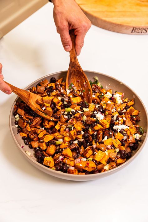 Warm Sweet Potato Salad, Roasted Sweet Potato Salad, Sweet Potato Salad, Plant Based Whole Foods, Salad With Sweet Potato, Feta Salad, Candied Pecans, Canned Black Beans, Classic Dishes