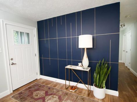 Turn up the style in your entryway with playful patterns and bold paint color. Try this geometric accent wall design. Gold Accent Wall Bedroom, Accent Wall Trends, Wall Paint Ideas, Gold Accent Wall, Geometric Wall Paint, Wall Paint Patterns, Wall Trends, Accent Wall Ideas, Blue Accent Walls