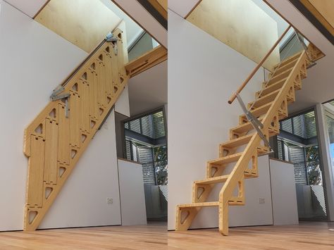 Wooden Retractable stair Bcompact Hybrid Stair By Bcompact Tiny House Stairs Ideas, Folding Staircase, Foldable Stairs, Retractable Stairs, Retractable Ladder, Space Saving Staircase, Folding Stairs, Tiny House Stairs, Loft Stairs