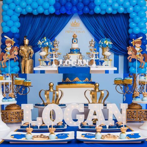 Royal Prince First Birthday #tbt #babyshower#eventdecor#eventstyling#events#nycevents #nycphotography… Table Draping, Royalty Baby Shower, Royal Prince Birthday Party, Prince Birthday Theme, Boy Shower Themes, Blue Satin Fabric, Prince Birthday Party, Draping Wedding, Prince Theme