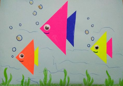 Craft For Triangle Shape, Crafts For Triangle Shape, Triangle Fish Craft Preschool, Origami For Preschool, Easy Fish Crafts Preschool, Triangle Shape Crafts For Preschool, Drawing Activity For Kindergarten, Triangle Preschool Crafts, Triangle Activity For Preschool