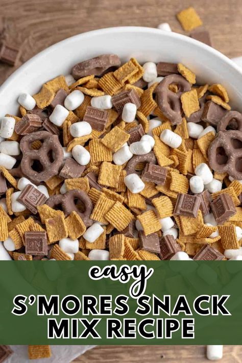 S’mores Snack Mix is a fun and delicious treat that the whole family will love! Made with Golden Grahams cereal, mini marshmallows, chocolate bars, and crunchy chocolate-covered pretzels, you have the perfect snack ready for your next road trip or family gathering! Smores Trail Mix Recipe, Afterschool Snacks, Smores Snacks, Snack Combinations, Chocolate Covered Graham Crackers, Milk Chocolate Candy, Cookout Food, Snack Mix Recipes, Delicious Snacks Recipes