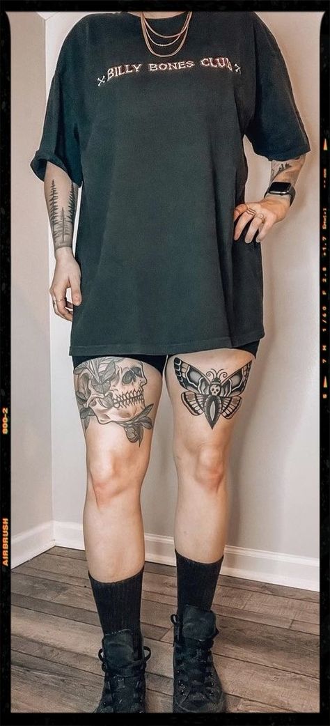 thigh tattoo ideas Plus Size Leg Sleeve Tattoo, Trad Leg Tattoos Women, Traditional Style Tattoo For Women Leg, Plus Size Knee Tattoo, Women Leg Tattoo Traditional, Plus Size Thigh Tattoo, Thigh Tattoos Women Plus Size, Tattooed Plus Size Women, Plus Size Tattoo Ideas