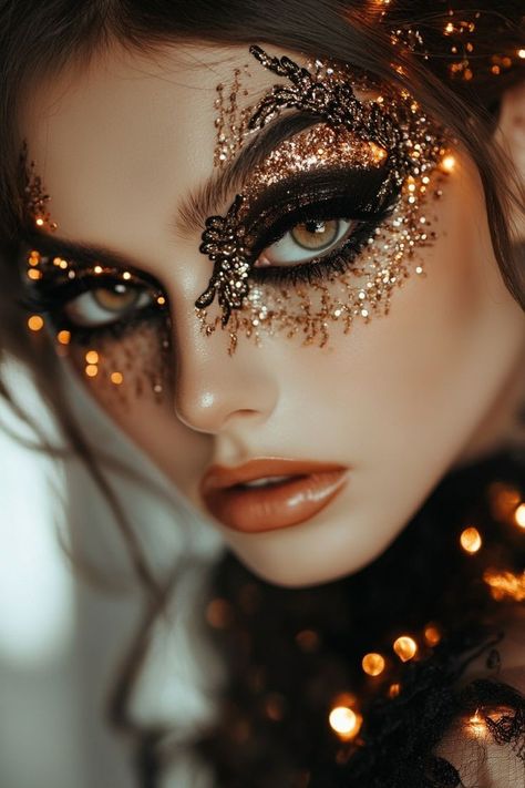 Eye Makeup Drawing, Halloween Makeuo, Lip Plumpers That Work, Masquerade Mask Makeup, Glitter Photoshoot, Glitter Halloween Makeup, Halloween Hunt, Steampunk Makeup, Masquerade Makeup