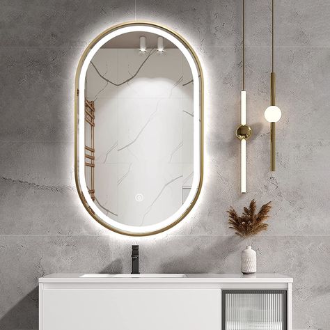 TheiaMo 33 x 20 Inch Oval LED Bathroom Mirror, Lighted Vanity Bathroom Mirror with Gold Frame Wall Mounted Oval Mirror with Lights Anti-Fog Smart Mirror Mirror With Gold Frame, Vanity Bathroom Mirror, Lit Mirror, Oval Mirror Bathroom, Mirrors For Makeup, Lighted Vanity, Mirror Oval, Gold Framed Mirror, Led Bathroom Mirror