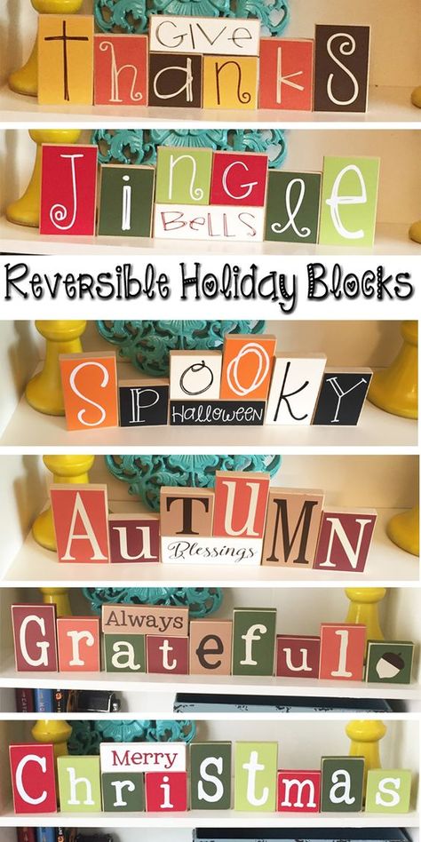 Reversible Holiday Blocks. Wood Block Crafts, Thanksgiving Decorations Diy, Diy Thanksgiving, Block Craft, Craft Night, Thanksgiving Crafts, Holiday Diy, Wooden Crafts, Wooden Blocks