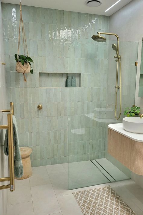 Guest Bathroom With Wood Floors, Exposed Stone Bathroom, Mediterranean Shower Tile Ideas, Carribean Bathroom, Coastal Spa Bathroom Ideas, Peaceful Bathroom Ideas, Small Tropical Bathroom, Bathroom Small Tiles, Modern Tropical Bathroom