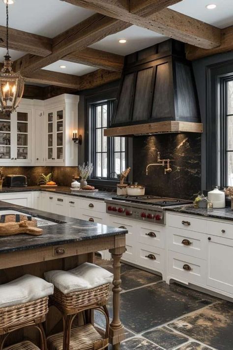 white and black moody farmhouse kitchen Rustic Black Kitchen, Moody Kitchens, Black Kitchen Ideas, Farmhouse Kitchen Designs, Moody Farmhouse, Black Kitchen Design, Moody Kitchen, Dark Wood Cabinets, Rustic Kitchen Design