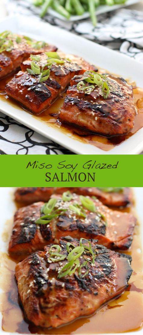 Miso Soy Glazed Salmon - Easy salmon dish with Asian-inspired flavors! Salmon is topped with a sticky, savory and sweet miso soy glaze with an umami flavor. Serve with rice and veggies. #miso #salmon #soysauce #asian #Japanese #fish #seafood #glaze #recipe #dinner #healthy #cleaneating Seafood Glaze, Recipe Dinner Healthy, Soy Glazed Salmon, Miso Salmon Recipe, Soy Glaze, Miso Glazed Salmon, Rice And Veggies, Seafood Dinners, Miso Salmon