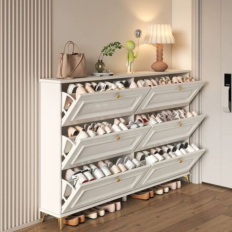 Large Capacity Floating Shelf Wood Shoe Cabinet Wall-Mounted White - 6 Doors 55"L x 7"W x 47"H Foyer Cabinet, Living Room Cupboards, Vertical Shoe Rack, Living Room Storage Cabinet, Shoe Rack With Shelf, Shoe Rack Entryway, Wood Shoe, Shelf Wood, Entryway Shoe