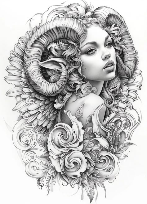 Black Aries Goddess Tattoo, Ram Tattoo Feminine, Aries Goddess Tattoo, Neo Trad Tattoo Design, Black And Grey Tattoo Design, Grey Tattoo Design, Delicate Woman, Aries Goddess, Ram Tattoo