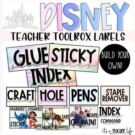 Disney teacher toolbox, classroom teacher toolbox All About Me Teacher, Teacher Tool Box, Disney Teacher, Disney Themed Classroom, Disney Activities, Teacher Toolbox Labels, Teachers Toolbox, Flair Pens, Disney Classroom