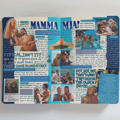 Journalling Aesthetic Ideas, Craft Book Ideas Scrapbooking, Mamma Mia Scrapbook, Mamma Mia Journal, Scrapbook Ideas For Mom, Film Journal Aesthetic, Film Journal Ideas, It Scenes, Mamma Mia 2008