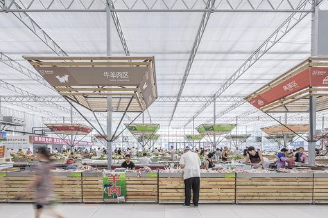 LUO studio prefabricates modular components to build market in china Urban Farming Architecture, Farming Architecture, Market Design Ideas, Market Architecture, Prefabricated Structures, Vegetable Market, Temporary Architecture, Under Bridge, Indoor Markets