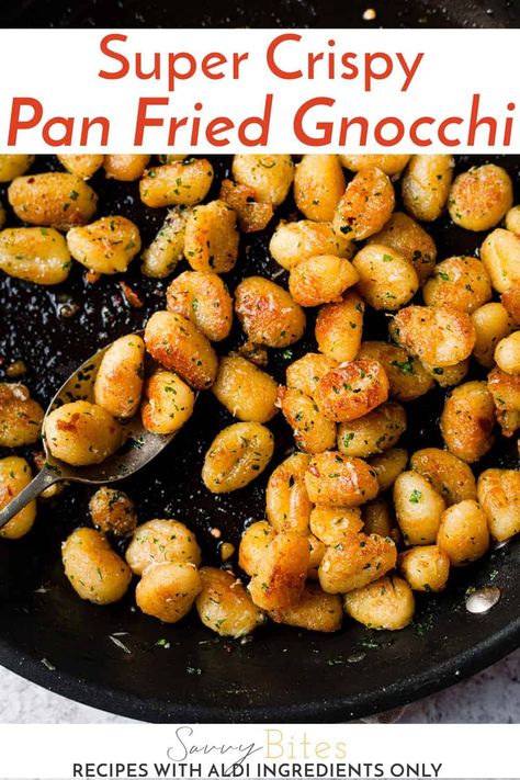 Super simple step by step how to pan-fry gnocchi recipe. This gnocchi is soft and fluffy Super quick and easy Pan-Fried Gnocchi ready in just 10 minutes! An amazing alternative to pasta or serve it as a side dish. Gnocchi is easy, fast and cheap to make. Its the perfect budget meal.  #Aldirecipes #Ibudgetmeals #gnocchi #Italianrecipes Cooking Gnocchi, Fried Gnocchi, Pan Fried Gnocchi, Gnocchi Recipes Easy, How To Cook Gnocchi, Aldi Recipes, Baked Gnocchi, Gnocchi Recipe, Making Gnocchi