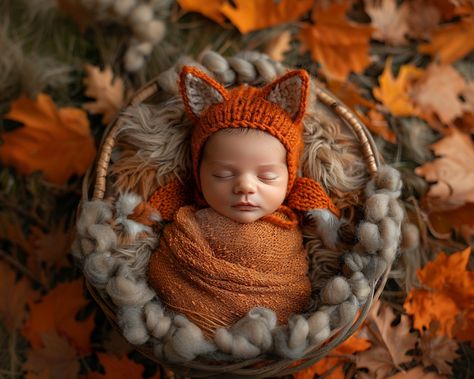 Fox Newborn Pictures, Fall Newborn Shoot, Newborn Autumn Photography, Autumn Newborn Photoshoot, Newborn Fall Photoshoot, Newborn Theme, Fall Newborn Photos, Fall Newborn Photography, Backdrop Dimensions