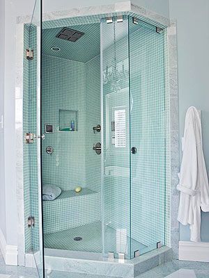 Brilliant shower - all enclosed, steam room, seat (brilliant for shaving legs I'm sure!), pretty, list goes on...... Makeover Kamar Mandi, Small Bathroom With Shower, Space Saving Bathroom, Glass Shower Enclosures, Bad Inspiration, Small Showers, Small Bathroom Makeover, Small Bath, Corner Shower