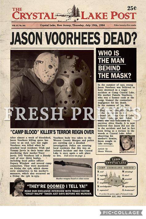 Friday The 13th Jason, Jason Vorhees, Newspaper Printing, News Article, Horror Movie Art, Jason Voorhees, Crystal Lake, Friday The 13th, Michael Myers