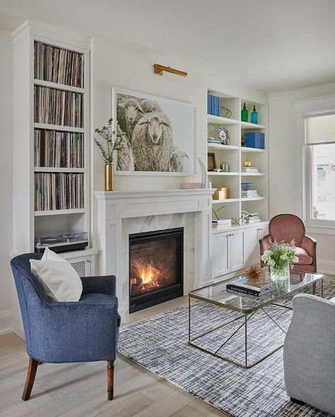 Brass Picture Light Over Art Above Fireplace - Transitional - Living Room Asymmetrical Fireplaces, White Fireplace Mantels, Traditional Fireplace Mantel, Built In Around Fireplace, Modern Traditional Home, Fireplace Bookshelves, Living Room Built Ins, Transitional Decor Living Room, Fireplace Built Ins