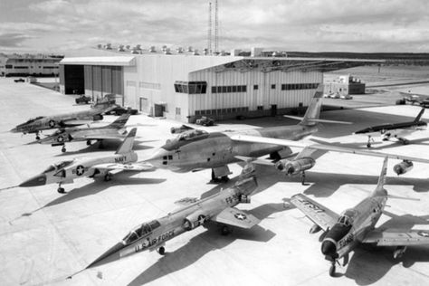 U.S. Navy and Air Force aircraft at the G. E. flight test facilities at Edwards Air Force Base, California. (l-r): McDonnell F-101A Voodoo (s/n 54-2418), Douglas F4D-1 Skyray (BuNo 124587), Grumman F11F-1F Super Tiger (BuNo 138647), Lockheed YF-104A Starfighter (s/n 55-2959), North American F-86D Sabre (s/n 50-480), Boeing B-47A Stratojet (s/n 49-1900), a Vought RGM-15 Regulus II missile. In the right background is the first XF4D-1 (BuNo 124586), which was used for spare parts.” Edwards Air Force Base, Us Military Aircraft, Air Force Aircraft, Experimental Aircraft, Air Force Base, Air Force Bases, Military Jets, Jet Aircraft, U S Air Force