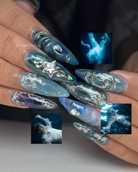 blue hues inspired by ENHYPEN’s Dark Blood album🌊 image references sent in by client~ these were also her graduation nails! ^_^ Yuri On Ice Nails, Portal Nails, Dark Mermaid Nails, Enhypen Inspired Nails, Enhypen Nails Designs, Enhypen Nails, Arcane Nails, Blue Nails With Design, Siren Nails