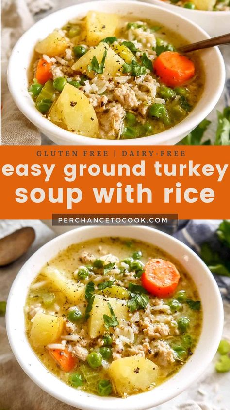 Healthy Easy Ground Turkey Soup with Rice. Ground Turkey Potato Soup Recipes, Ground Turkey Rice Soup Recipes, Turkey Meatball Soup Healthy, Ground Chicken Potato Soup, Ground Turkey Zucchini Soup, Healthy Soup With Potatoes, Potato Turkey Soup, Soup Recipes With Celery, Ground Turkey Soup Recipes For Dinner