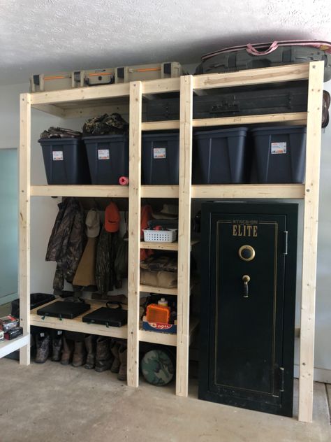 Boot Shelf Garage, Hunting Stuff Organization, Snowshoe Storage Garage, Clothes Storage Basement, Western Home Organization, Hunting Storage Ideas Garage, Diy Hunting Gear Storage, Police Storage At Home, Hunting And Fishing Storage Room