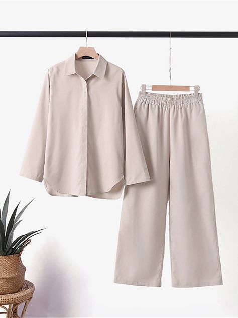 Women's Loungewear Sets Pure Color Basic Casual Comfort Home Street Daily Cotton Breathable Lapel Long Sleeve Shirt Pant Button Summer Spring Pink Blue 2024 - ZAR R786.64 Feminine Skirt, Casual Chique, Casual Long Sleeve Shirts, Summer Linen, Loose Outfit, Turndown Collar, Complete Outfits, Modern Outfits, Komplette Outfits