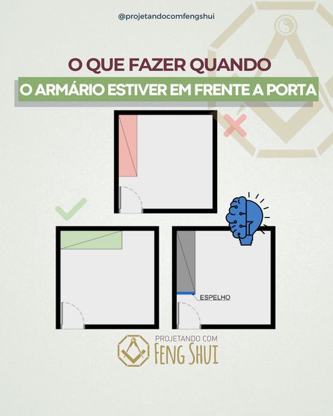 Essa configuração, comum em quartos e espaços compactos, pode inicialmente parecer um bloqueio visual, tanto no ambiente quanto na vida dos ocupantes. A solução? Um espelho estrategicamente colocado na lateral do armário, criando a sensação de espaço e perspectiva. Não apenas eliminamos a sensação de bloqueio, mas também ampliamos a energia do ambiente, trazendo equilíbrio e fluidez. Bel e Tef | Projetando com Feng Shui #DesbloqueieSuaVida #FengShui #DesignDeInteriores #EspaçoPositivo Feng Shui Dicas, Fen Shui, Feng Shui, Reiki, Witch, Dream House