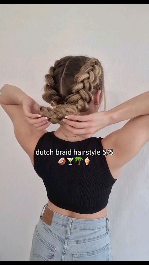 Camping Braids Hairstyles, Stacked Dutch Braid, Amusement Park Hair Ideas, Braid Style Tutorial, How To Side French Braid Your Own Hair, Hairstyle Dutch Braid, French Braid To A Bun, Braids Work Hairstyles, Blue Collar Hairstyles