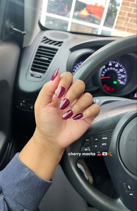 Burgundy With Chrome Nails, Wine Red Chrome Nails, Round Acrylic Nails Fall, Cherry Glazed Nails, Dnd Cherry Mocha, Acrylics Almond Shape, Nails Acrylics Almond, Res Nails, Acrylics Almond