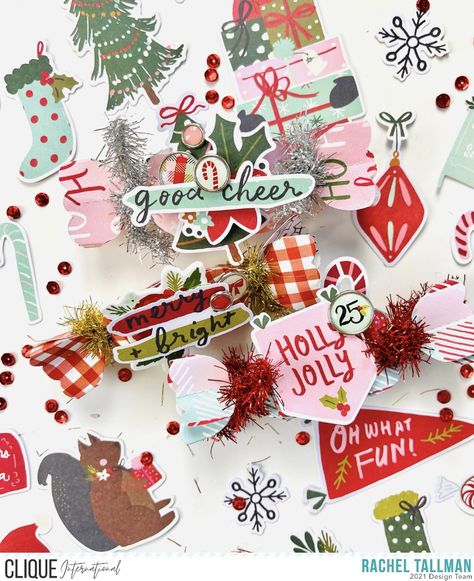 3D Christmas paper candy embellishments with ephemera and tinsel Scrapbook Paper Christmas Crafts, Christmas Paper Embellishments, Christmas Embellishments, Crate Paper Christmas, Festive Tags Kit, Winter Paper Crafts, Graphic 45 Christmas Tags, Beginner Scrapbooking, Paper Candy