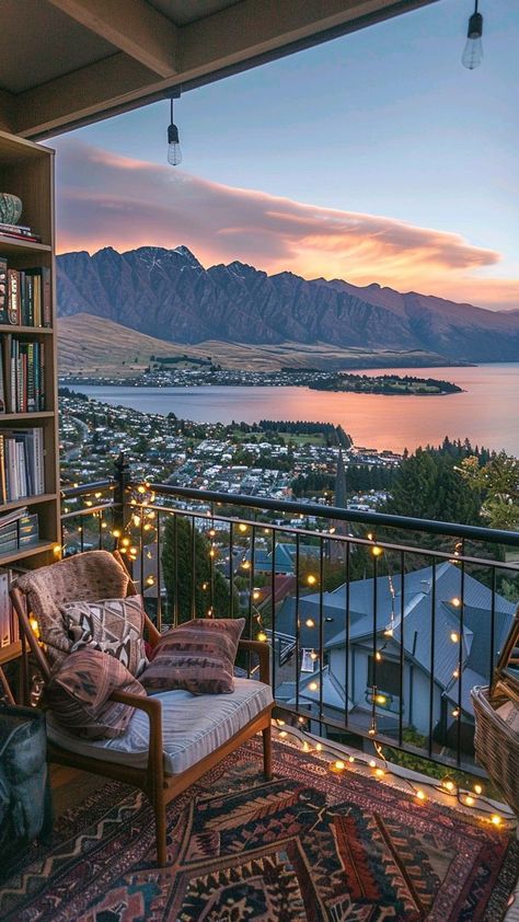 Beautiful View Wallpaper Aesthetic, Hygge Bookshelf, Cosy Balcony, Reading Place, Penthouse View, Cosy Reading, Cozy Rooms, Elegant Living Room Decor, Small Balcony Design