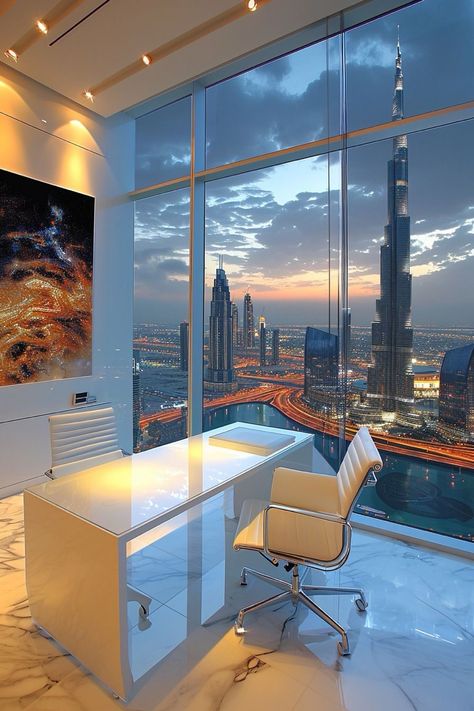 Office In Dubai, Dubai Office View, Ceo Office Design Luxury Modern, Ceo Office Design Luxury, Skyscraper Office, Dubai Work, Ceo Office Design, Industrial Chic Kitchen, Office With A View