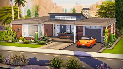 Sims4 Houses, Home The Sims 4, Sims 4 Houses Layout, Oasis Springs, Modern Family Home, Mid Century Modern Exterior, Midcentury House, Sims 4 Speed Build, 70s House