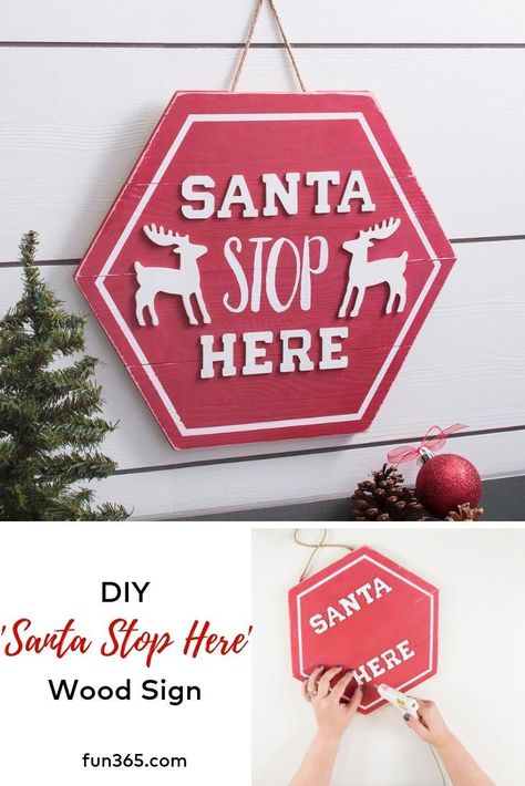 Invite Santa to your house this Christmas in the cutest way with this Santa Stop Here DIY sign. Santa Stop Here Sign Diy, Santa Stop Here Sign, Welcome Signs Front Door, Christmas Crafts To Sell, Diy Santa, Party Planning Ideas, Diy Wood Signs, New Year Designs, Christmas Signs Wood