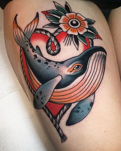 American Traditional Whale Tattoo, Whale Tattoo Ideas, Whale Tattoo Design, Whale Tail Tattoo, Whale Shark Tattoo, Infinity Tattoo With Feather, Tattoo On Thigh, Tattoo Over Scar, Mermaid Tattoo Designs