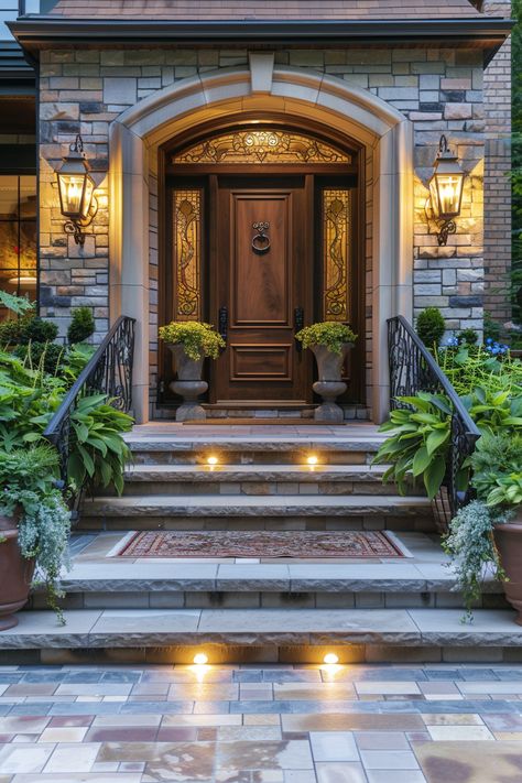 Enchanting Evening Entry: A Warm Welcome Home with Traditional Elegance Cottage Core Front Door, Luxury House Entrance Door, House Entrance Doors, Door Lighting, Luxury Houses Entrance, Wooden Front Door, Front Door Lighting, Stone Steps, Nautical Lighting